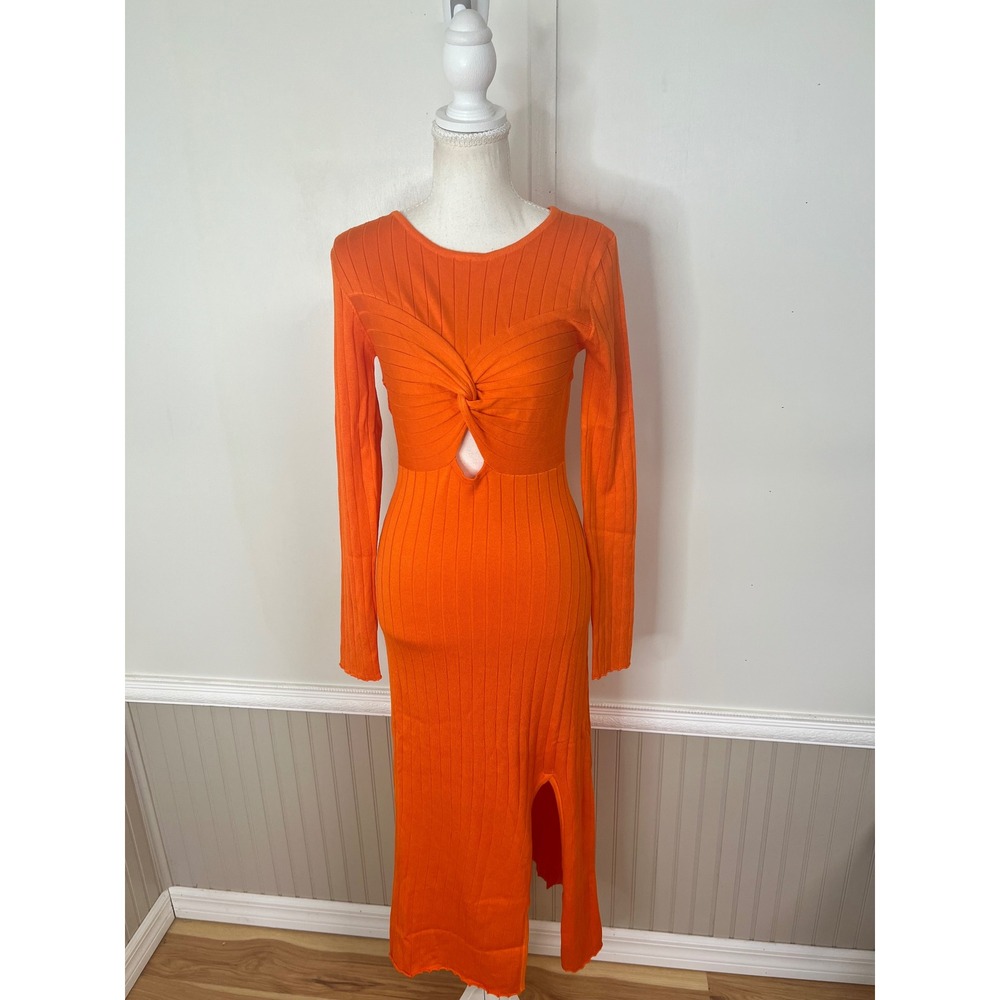 RIVIR Orange Ribbed Knit Twist Front Keyhole Midi Dress Long Sleeve Size M